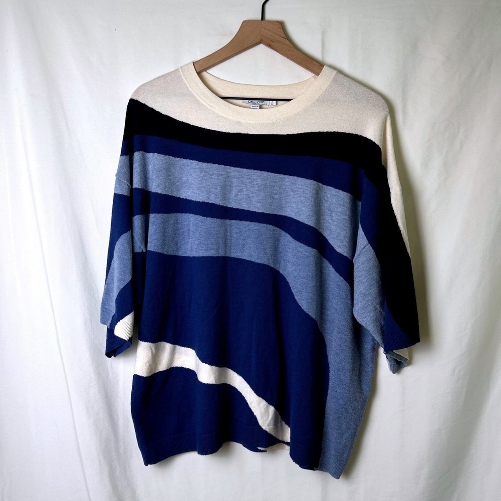 Chico's Womens Abstract Wave Stripe Knit Oversized Sweater Size 3/XL Blue Multi